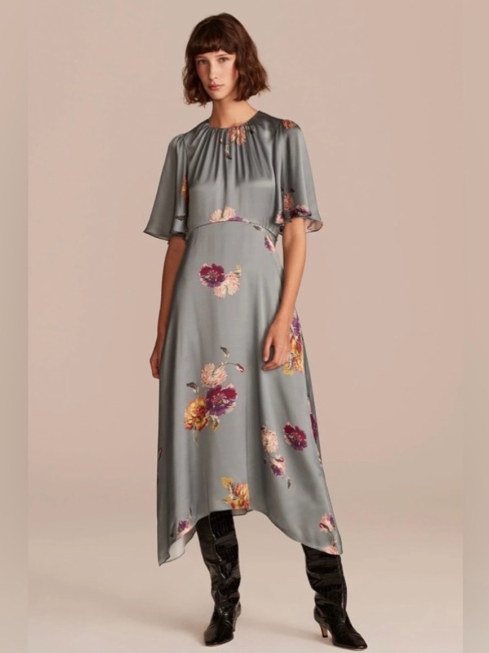 Rebecca Taylor 100% Silk Simone Fleur Floral Short Sleeve Midi Dress in Duck Egg